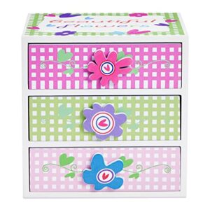 Small Floral Little Girls Jewelry Box with 3 Drawers and Flower Knobs, Square Wooden Organizer for Necklaces, Earrings, Rings, Kids Ages 4-13 Hair Accessory Storage (6 x 4.5 In)