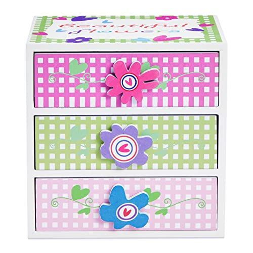 Small Floral Little Girls Jewelry Box with 3 Drawers and Flower Knobs, Square Wooden Organizer for Necklaces, Earrings, Rings, Kids Ages 4-13 Hair Accessory Storage (6 x 4.5 In)