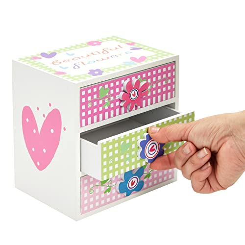 Small Floral Little Girls Jewelry Box with 3 Drawers and Flower Knobs, Square Wooden Organizer for Necklaces, Earrings, Rings, Kids Ages 4-13 Hair Accessory Storage (6 x 4.5 In)