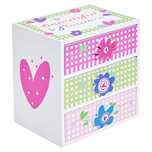 Small Floral Little Girls Jewelry Box with 3 Drawers and Flower Knobs, Square Wooden Organizer for Necklaces, Earrings, Rings, Kids Ages 4-13 Hair Accessory Storage (6 x 4.5 In)