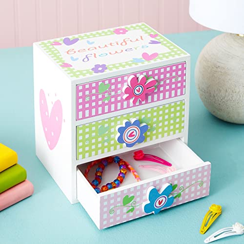 Small Floral Little Girls Jewelry Box with 3 Drawers and Flower Knobs, Square Wooden Organizer for Necklaces, Earrings, Rings, Kids Ages 4-13 Hair Accessory Storage (6 x 4.5 In)