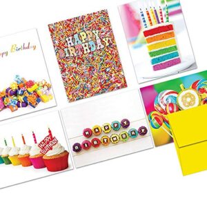 note card cafe happy birthday card assortment with yellow envelopes | 36 pack | colorful birthday designs | blank inside, glossy finish | bulk set for greeting cards, occasions, birthdays