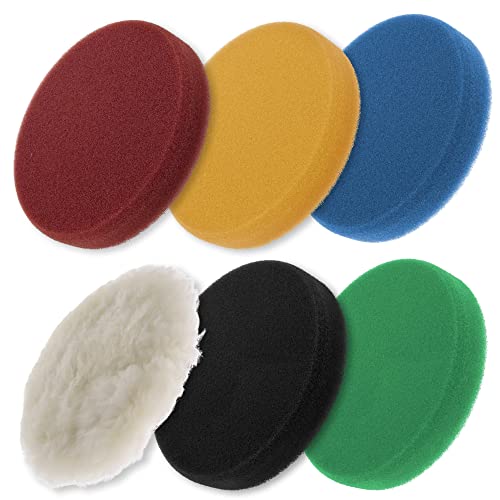 TCP Global 6.5" Flat Foam Dual Action Pad Set, 5 Levels of Foam Pads & 1 Natural Wool Grip Pads - High Performance Brand - Buff, Polish & Detail Car Auto Paint - Boat Gelcoat, Fiberglass Polisher Pads