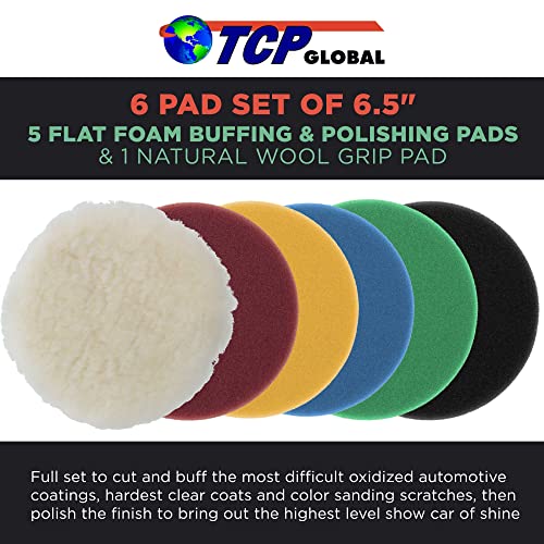 TCP Global 6.5" Flat Foam Dual Action Pad Set, 5 Levels of Foam Pads & 1 Natural Wool Grip Pads - High Performance Brand - Buff, Polish & Detail Car Auto Paint - Boat Gelcoat, Fiberglass Polisher Pads