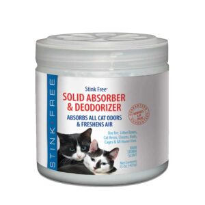 stink free cat solid freshener, absorber & deodorizer - room purifier, bathroom odor eliminator, basement, bedroom, house, office etc. 15 oz. rainstorm fragrance