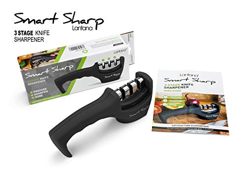 Lantana Smart Sharp Knife Sharpener - Professional 3 Stage Manual Sharpener for Sharpening Kitchen Knives - Ceramic Stone, Tungsten Carbide Plates, Diamond rods. Ergonomic Design, Black/Chrome Finish
