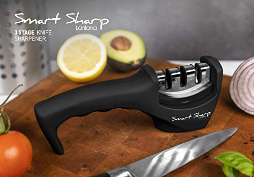 Lantana Smart Sharp Knife Sharpener - Professional 3 Stage Manual Sharpener for Sharpening Kitchen Knives - Ceramic Stone, Tungsten Carbide Plates, Diamond rods. Ergonomic Design, Black/Chrome Finish