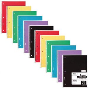 mead spiral notebooks, 12 pack, 1-subject, wide ruled paper, 10-1/2" x 8", 70 sheets per notebook, assorted colors (73699)