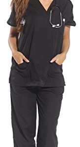 Just Love Women's Scrub Sets Six Pocket Medical Scrubs (V-Neck With Cargo Pant), Black, Medium