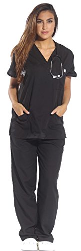 Just Love Women's Scrub Sets Six Pocket Medical Scrubs (V-Neck With Cargo Pant), Black, Medium