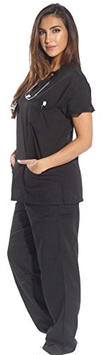 Just Love Women's Scrub Sets Six Pocket Medical Scrubs (V-Neck With Cargo Pant), Black, Medium