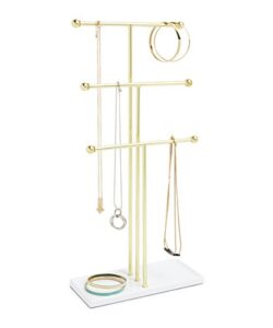 umbra trigem hanging jewelry organizer tiered tabletop countertop free standing necklace holder display, 3, brass/white