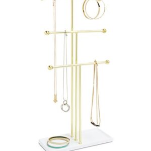 Umbra Trigem Hanging Jewelry Organizer Tiered Tabletop Countertop Free Standing Necklace Holder Display, 3, Brass/White