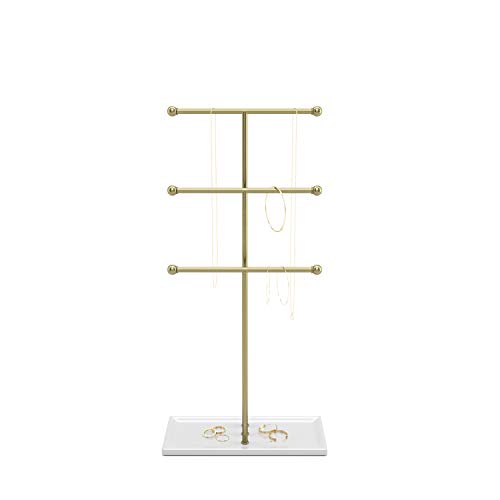 Umbra Trigem Hanging Jewelry Organizer Tiered Tabletop Countertop Free Standing Necklace Holder Display, 3, Brass/White