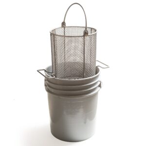 stainless seel parts cleaning basket, 9-1/2" diameter x 12" h, fits 5 gal bucket (bucket included), anysizebasket dnd-095rnd120-c04s-b, 304 stainless steel dip-and-drain mesh basket, swinging loop handle,