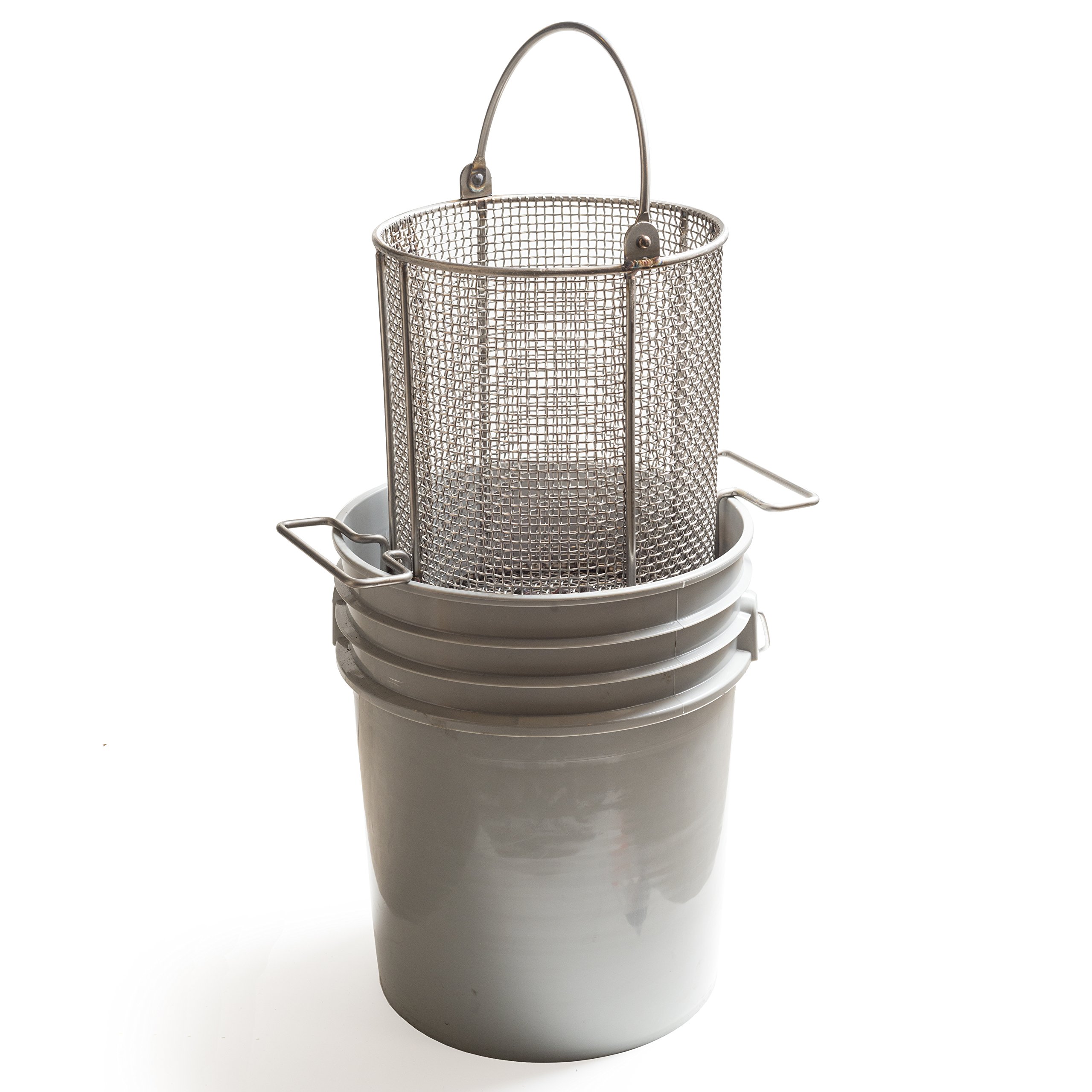 Stainless Seel Parts Cleaning Basket, 9-1/2" Diameter x 12" H, Fits 5 gal Bucket (Bucket Included), AnySizeBasket DND-095RND120-C04S-B, 304 Stainless Steel Dip-And-Drain Mesh Basket, Swinging Loop Handle,