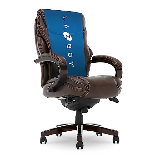 La-Z-Boy Hyland Executive Office Chair with AIR Technology, Adjustable High Back Ergonomic Lumbar Support, Mahogany Wood Finish, Bonded Leather, Brown