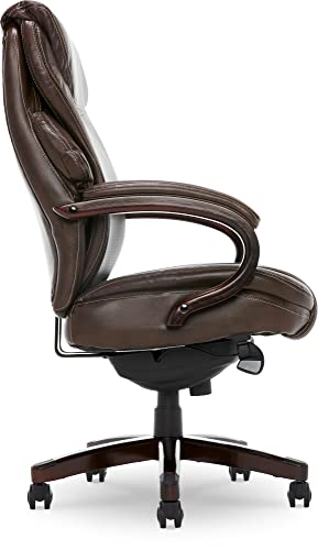 La-Z-Boy Hyland Executive Office Chair with AIR Technology, Adjustable High Back Ergonomic Lumbar Support, Mahogany Wood Finish, Bonded Leather, Brown