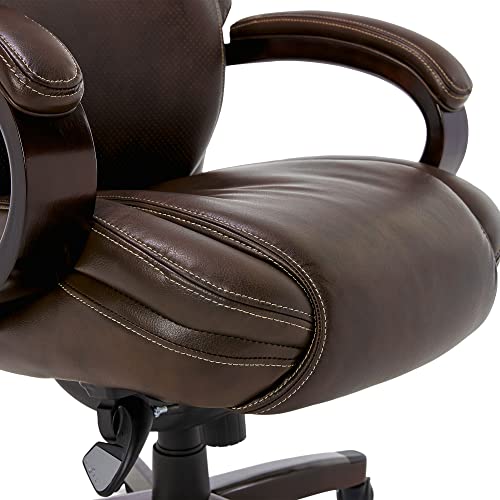 La-Z-Boy Hyland Executive Office Chair with AIR Technology, Adjustable High Back Ergonomic Lumbar Support, Mahogany Wood Finish, Bonded Leather, Brown