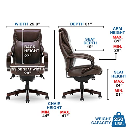 La-Z-Boy Hyland Executive Office Chair with AIR Technology, Adjustable High Back Ergonomic Lumbar Support, Mahogany Wood Finish, Bonded Leather, Brown