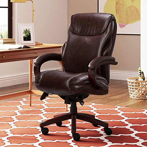 La-Z-Boy Hyland Executive Office Chair with AIR Technology, Adjustable High Back Ergonomic Lumbar Support, Mahogany Wood Finish, Bonded Leather, Brown