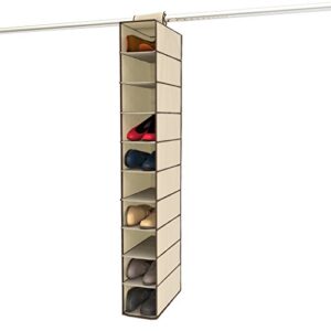 ziz home hanging shoe organizer for closet, 10 shelf, tough fabric 12”x6”x47” | closet shoe organizer hanging | shoe storage hanging shoe holder | shoes sorter shelves rack hanger (beige)