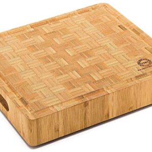 Small End Grain Bamboo Cutting Board | Professional, Butcher Block | Non-Slip Rubber Feet