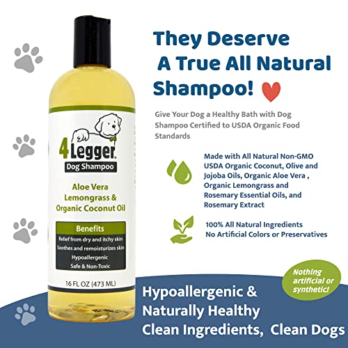 4Legger Organic Dog Shampoo USDA Certified Organic Aloe Vera, Lemongrass, Coconut Oil, All Natural Dog Shampoo, Dog Shampoo Sensitive Skin, Dog Shampoo for Itchy Skin 16 oz