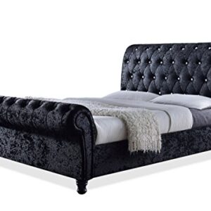 Baxton Studio Wholesale Interiors Castello Velvet Upholstered Faux Crystal-Buttoned Sleigh Platform Bed, Queen, Black