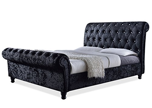 Baxton Studio Wholesale Interiors Castello Velvet Upholstered Faux Crystal-Buttoned Sleigh Platform Bed, Queen, Black