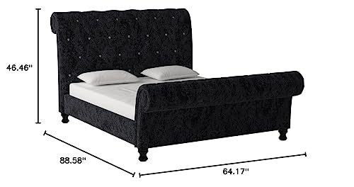 Baxton Studio Wholesale Interiors Castello Velvet Upholstered Faux Crystal-Buttoned Sleigh Platform Bed, Queen, Black