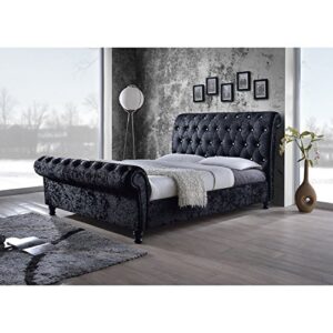 Baxton Studio Wholesale Interiors Castello Velvet Upholstered Faux Crystal-Buttoned Sleigh Platform Bed, Queen, Black