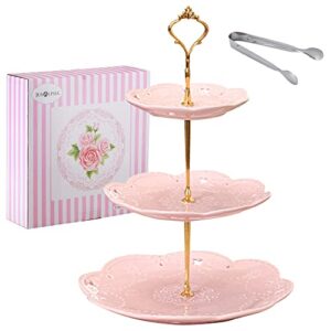 jusalpha 3-tier pink porcelain cake stand/cupcake stand/dessert stand/tea party pastry serving platter/food display, stand, comes in a gift box- free sugar tong, pink