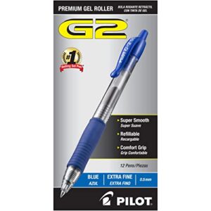 pilot g2 premium refillable and retractable rolling ball gel pens, extra fine point, blue ink, 12-pack (31003)