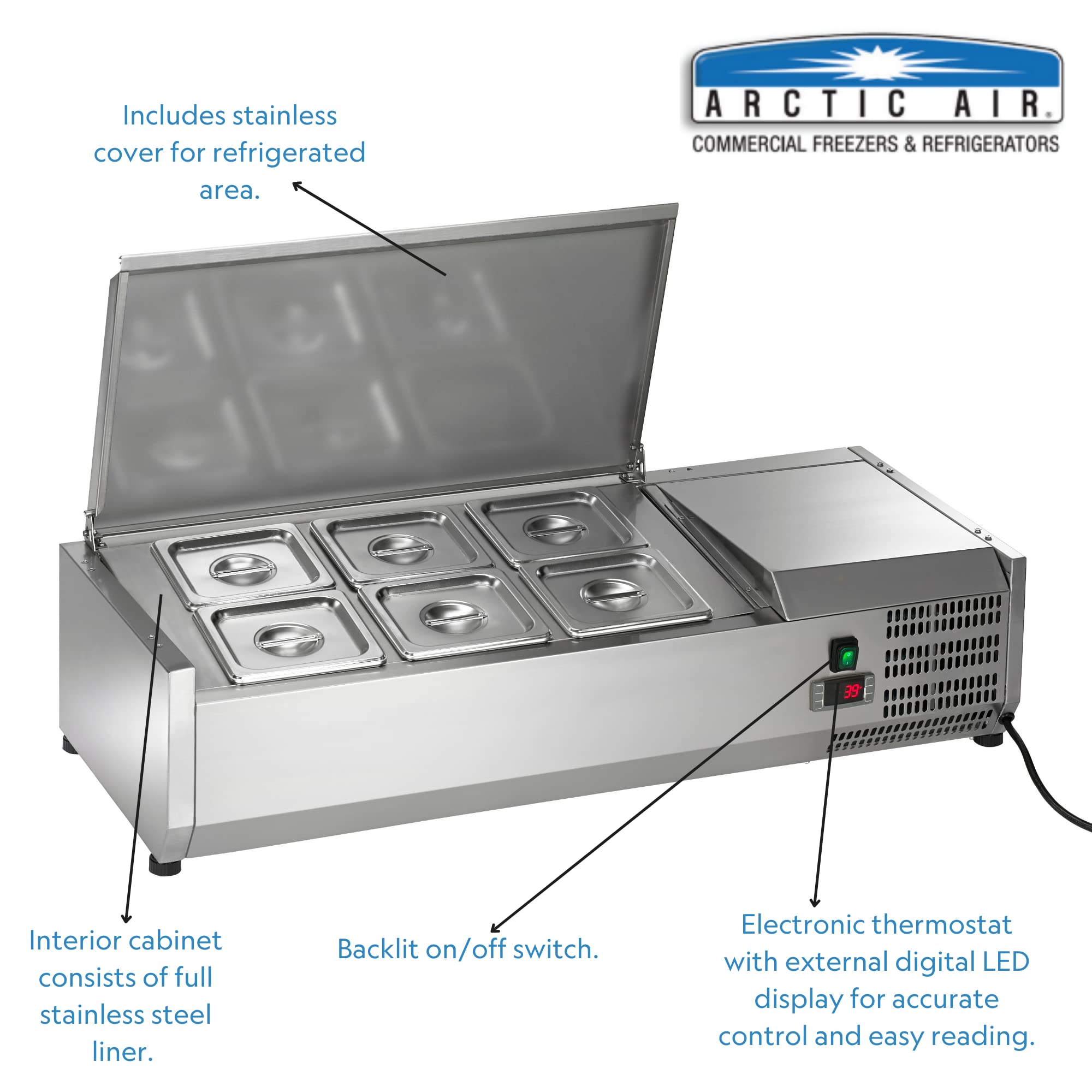 Arctic Air ACP40 40" Countertop Refrigerated Sandwich/Salad Condiment Prep Table Station, 6 Pans, Stainless Steel, 115v