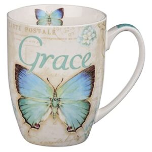 amazing grace butterfly mug – botanic teal and blue butterfly coffee mug w/ephesians 2:8, bible verse mug for women and men – inspirational coffee cup and christian gifts (12-ounce ceramic cup)