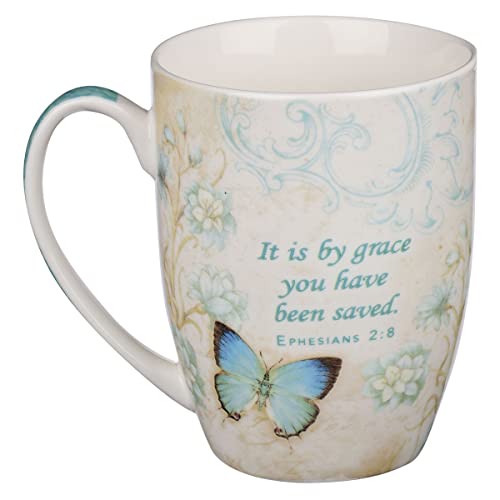 Amazing Grace Butterfly Mug – Botanic Teal and Blue Butterfly Coffee Mug w/Ephesians 2:8, Bible Verse Mug for Women and Men – Inspirational Coffee Cup and Christian Gifts (12-ounce Ceramic Cup)