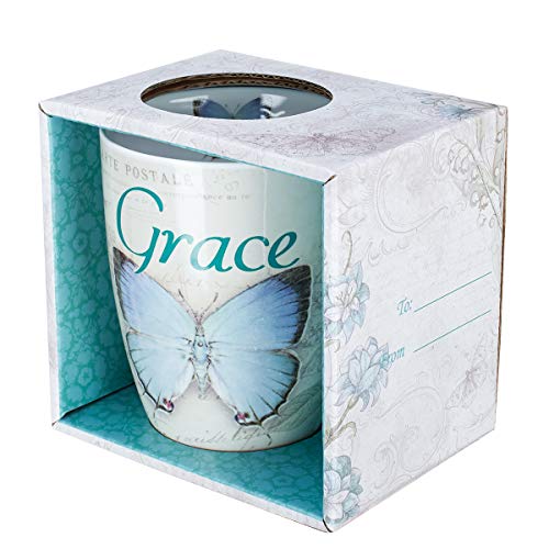 Amazing Grace Butterfly Mug – Botanic Teal and Blue Butterfly Coffee Mug w/Ephesians 2:8, Bible Verse Mug for Women and Men – Inspirational Coffee Cup and Christian Gifts (12-ounce Ceramic Cup)