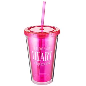 christian art gifts insulated teacher tumbler with lid & straw: it takes a big heart to shape little minds - let all that you do be done in love - 1 corinthians 16:14 bible verse cup, pink, 16 oz.