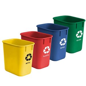 acrimet wastebasket bin for recycling 13qt (made of plastic) (metal/yellow, paper/blue, glass/green, plastic/red) (set of 4)