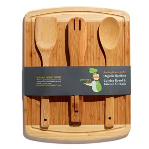 bamboo cutting board housewarming gift set - with bonus 3-piece cooking utensils - wooden spoon, salad tongs and wood spatula - mother's day, wedding & kitchen gadgets gift idea