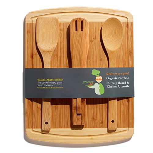 Bamboo Cutting Board Housewarming Gift Set - With Bonus 3-Piece Cooking Utensils - Wooden Spoon, Salad Tongs and Wood Spatula - Mother's Day, Wedding & Kitchen Gadgets Gift Idea