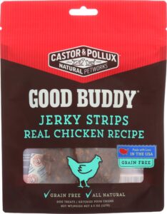 castor & pollux good buddy jerky strips real chicken recipe grain free dog treats, 4.5-oz bag