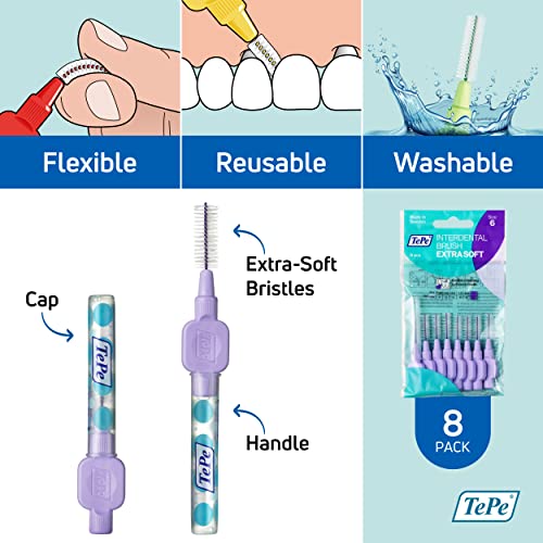 TEPE Interdental Brush Extra Soft, Supersoft Dental Brush for Teeth Cleaning, Pack of 8, 1.1 mm, Large Gaps, Purple, Size 6