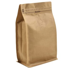 50 pieces 16 ounce kraft paper stand up coffee bag/flat bottom pouch with air release valve and reusable side zipper. (50pcs, 1lb/16oz)