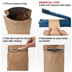 50 Pieces 16 Ounce Kraft Paper Stand Up Coffee Bag/Flat Bottom Pouch with Air Release Valve and Reusable Side Zipper. (50pcs, 1lb/16oz)