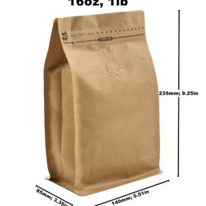 50 Pieces 16 Ounce Kraft Paper Stand Up Coffee Bag/Flat Bottom Pouch with Air Release Valve and Reusable Side Zipper. (50pcs, 1lb/16oz)