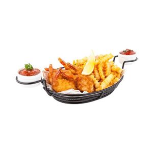 restaurantware 13 x 6 x 2.2 in restaurant basket, 1 oval french fry basket - with 2 ramekin holders, reusable, black iron serving baskets, for chicken tenders, hot dogs, wings, or onion rings, durable