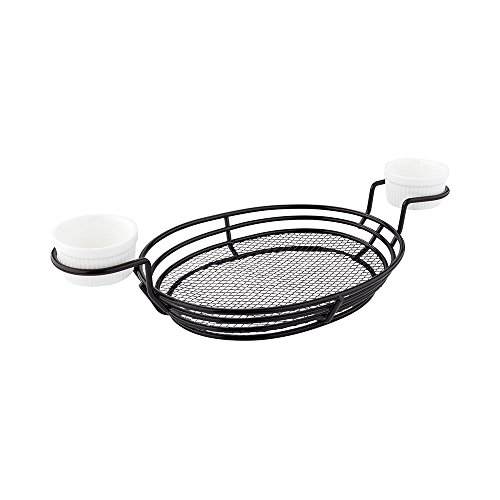 Restaurantware 13 x 6 x 2.2 In Restaurant Basket, 1 Oval French Fry Basket - With 2 Ramekin Holders, Reusable, Black Iron Serving Baskets, For Chicken Tenders, Hot Dogs, Wings, Or Onion Rings, Durable