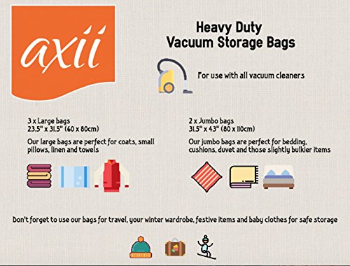 Axii Strong Vacuum Space Saver Storage Bags, Set of 5, 2 Sizes Thicker at .08 mm
